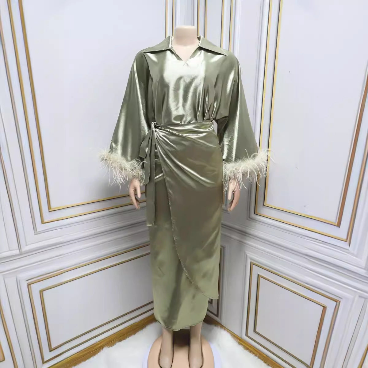 Luxurious Satin Dolman Sleeve Dress with Faux Feather Detail Muslim Feather Everyday Dress