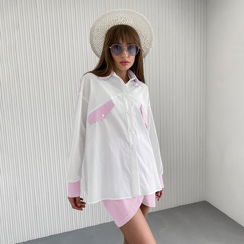Blue And White Striped Stitching Shirt For Women Loose Outfit