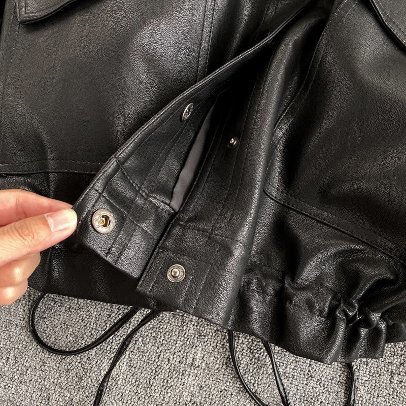 Korean Retro Bf Style Loose Black Leather Jacket For Women's