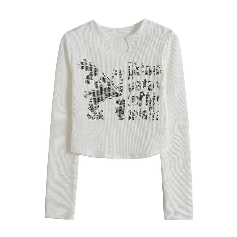 Design Crack Distressed Print Cropped Navel Slim Fit Long Sleeves
