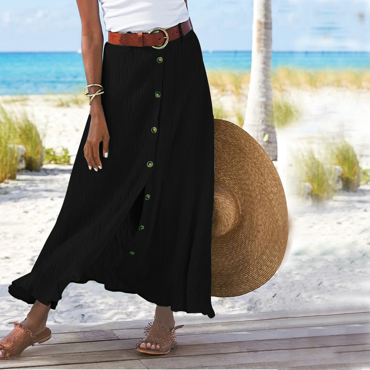 Fashion Cotton Linen A-Line Hip Mid Waist Long Skirt