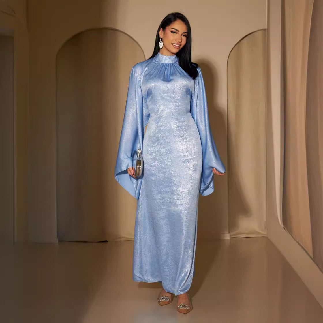 Elegant Metallic Shimmer Satin Maxi Dress Women's Fashion Stitching Dubai Turkey Elegant Dress