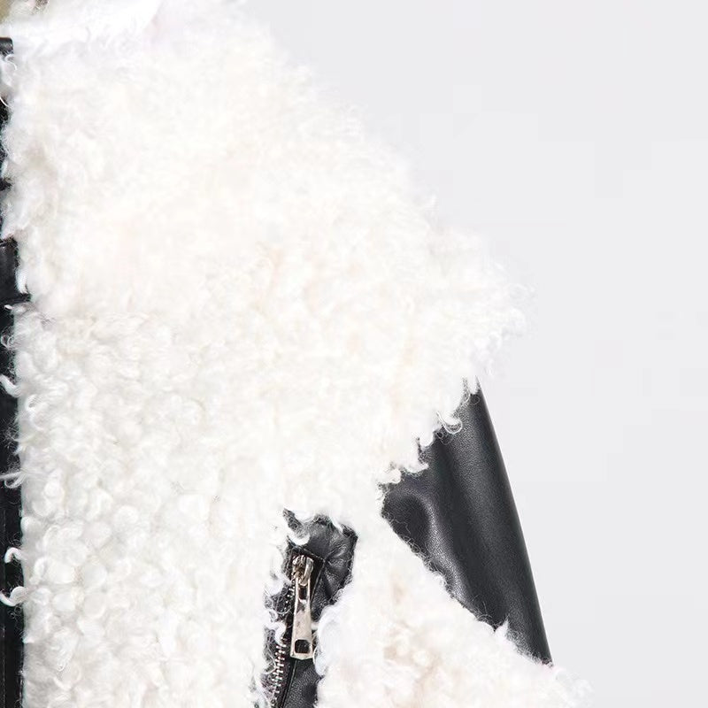 Lamb Wool Stitching PU Leather Zipper Jacket Women's