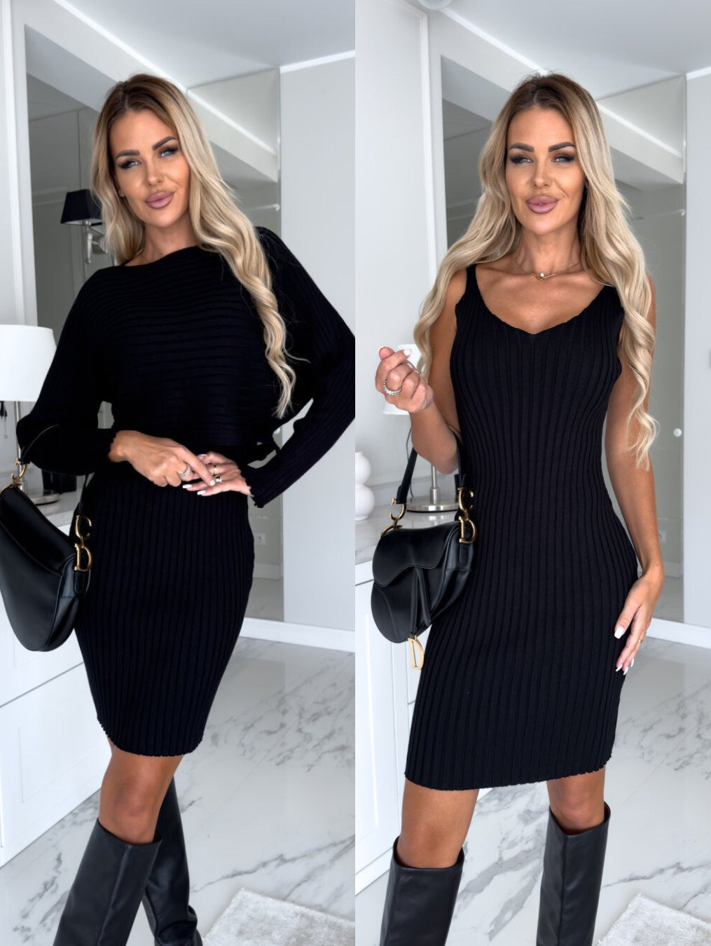 Cozy Knit 2-Piece Set – Effortless Fall-Winter Glam Suit Women's Solid Stripe Long-sleeved Top And Tight Suspender Skirt Fashion Autumn Winter Slim Clothing