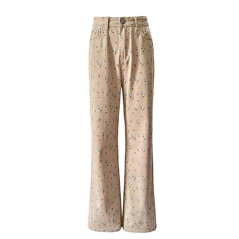Beige Eyelet Embroidered Wide Leg Pants – Soft Vintage Aesthetic Streetwear Retro Loose Wide-leg Pants Straight Jeans For Women
