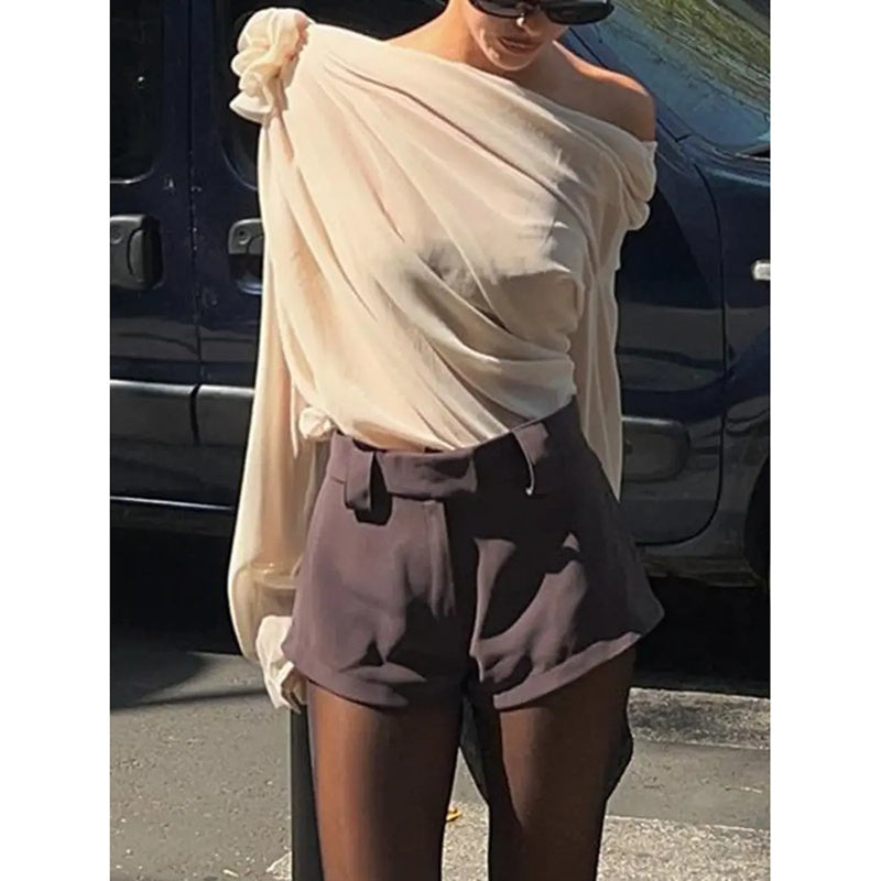 Off Shoulder Tops Elegant Long Sleeve Asymmetrical Neck Ruched Chiffon Blouse Shirts Going Out Top Y2k Shirts