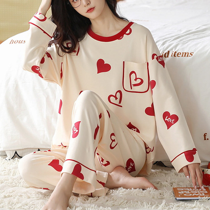 Comfy Women's Cartoon Pattern Sleepwear Set Loose Print Pajamas Women Autumn Winter Pajama Set Long Sleeves And Trousers Elegant Sleepwear Girl Loungewear Home Clothes