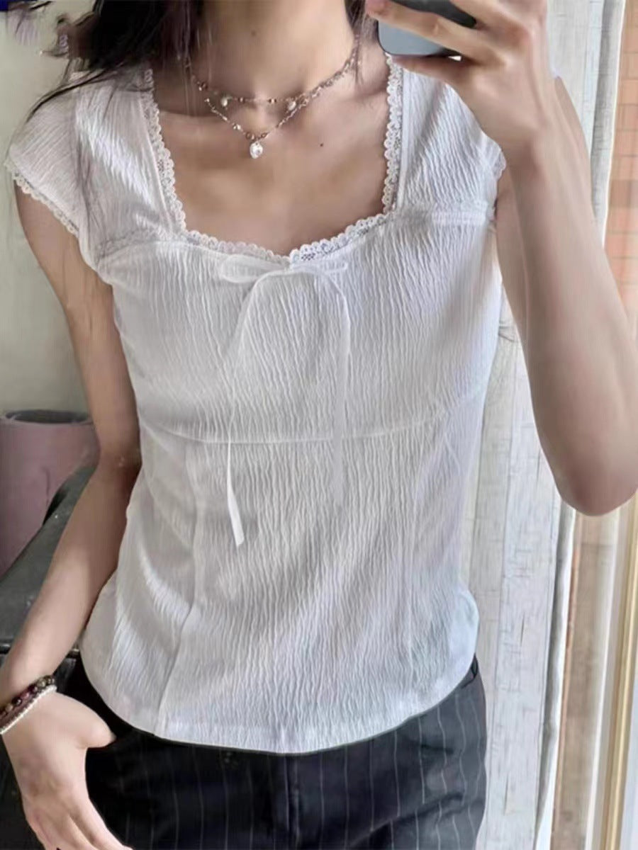 White Square-cut Collar Lace Edge Lace Bow Short Sleeve T-shirt