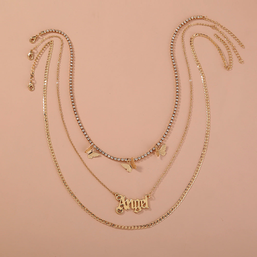 Layered "Angel" Pendant Necklace – Gold-Tone Statement with Butterflies Catch Chain Tassel Butterfly Letter Angel Multi-layer Temperament Necklace Accessories