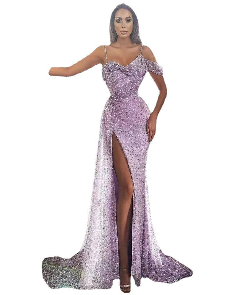 Elegant Lilac Shimmering Draped Evening Gown Irregular Spaghetti-strap Split Dress