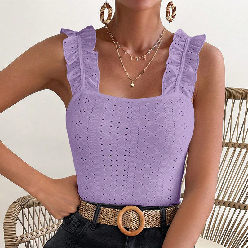 Ruffle Shoulder Square Neck Ribbed Knit Tank Top | Fitted Sleeveless Cami Women's Sleeveless Tank Tops Ruffle Strap Square Neck Eyelet Blouse Slim Fit