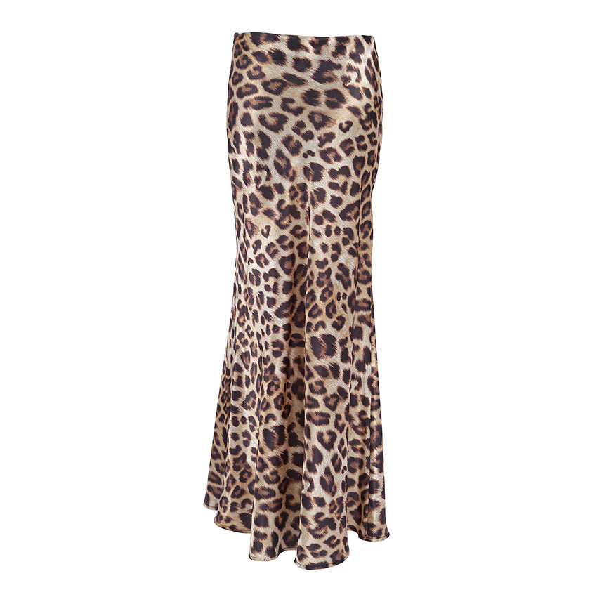 Leopard Print Satin Fishtail Skirt For Women's