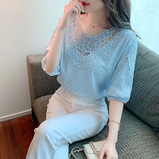 Western Style Top Short Sleeve Lace Bottoming Shirt