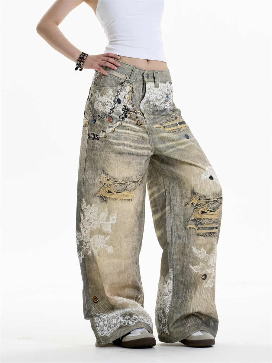 Cross Printed Jeans Women's Wide-leg Pants