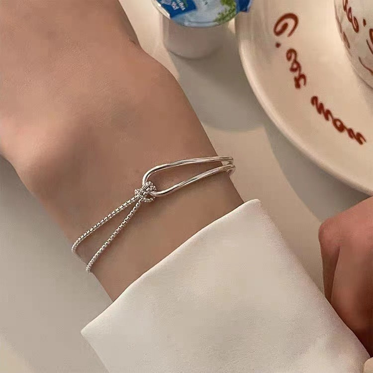 Elegant Silver Knot Design Adjustable Bracelet Simple High-grade Knotted Double-layer Half Bracelet For Women