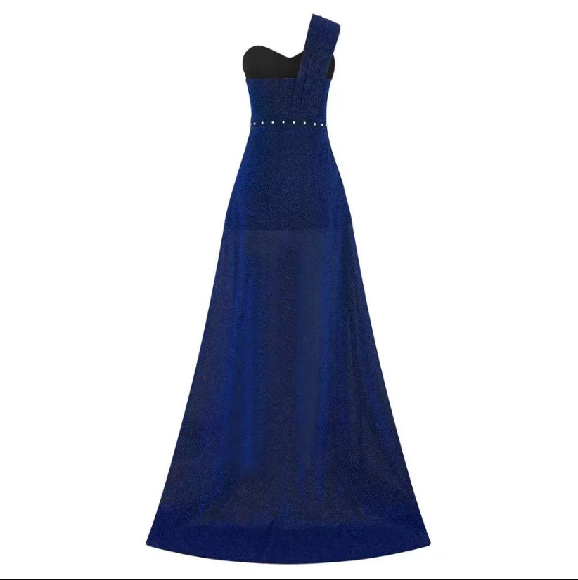 One-shoulder Sleeveless Bronzing Split Dress Women's Clothing