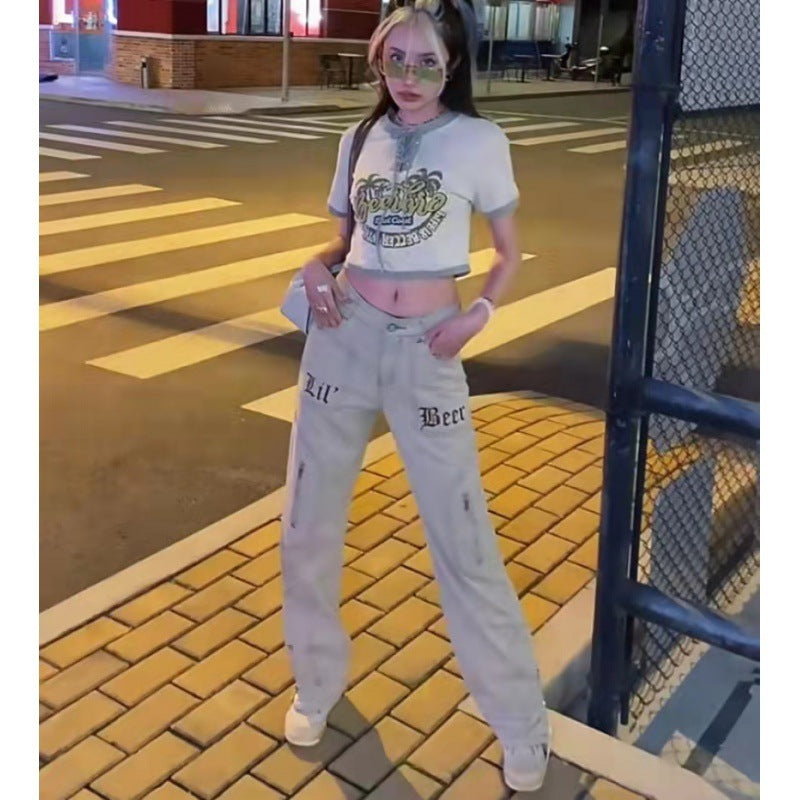 Late Night Flex – Street Cool, Lit Looks Vintage Embroidered Zip Fly Khaki Jeans For Women