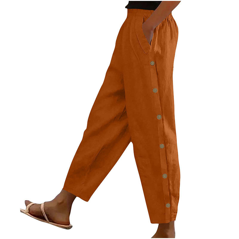 Casual Pants Elastic Waist Side Button Loose Fit Trousers With Pockets Women's