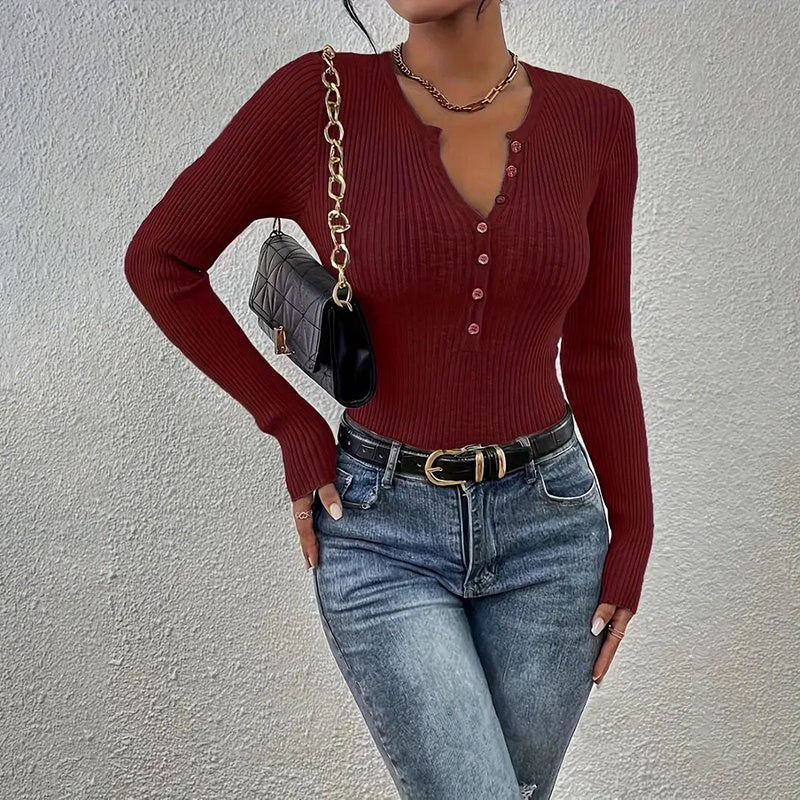 Elegant V-Neck Button Detail Knit Sweater - Long Sleeve Solid Color Casual Pullover For Fall&SpringTop