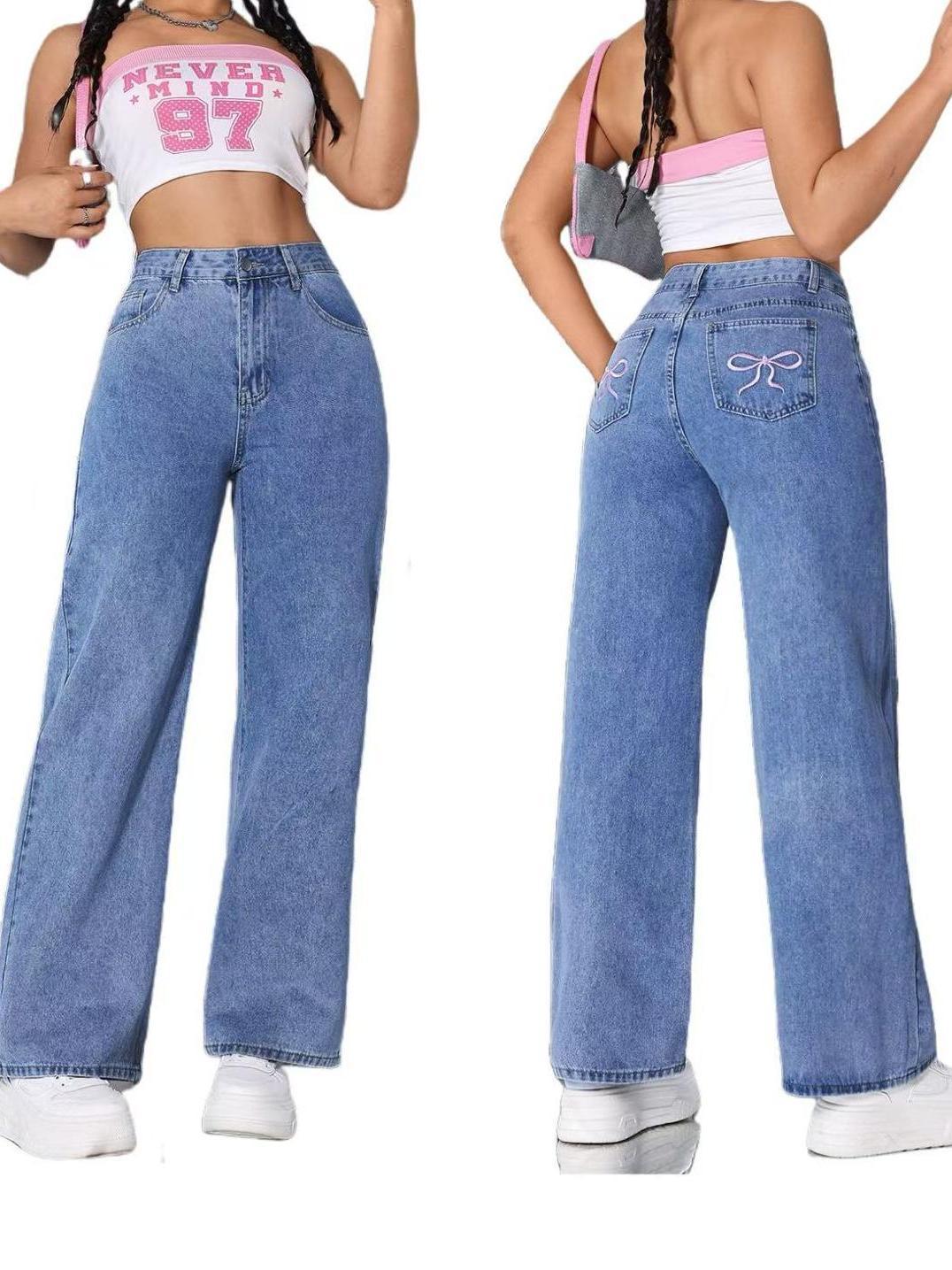 Bow Embroidery Wide-Leg Jeans – Cute Y2K Aesthetic Denim Vintage Bow Embroidered Washed Jeans For Women Straight Loose