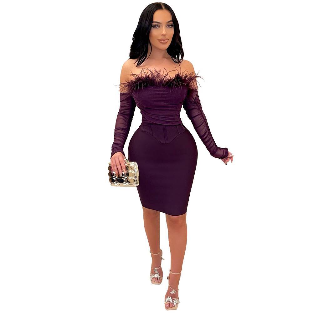 Mid-length Knitted Feather Short Bodycon Dress