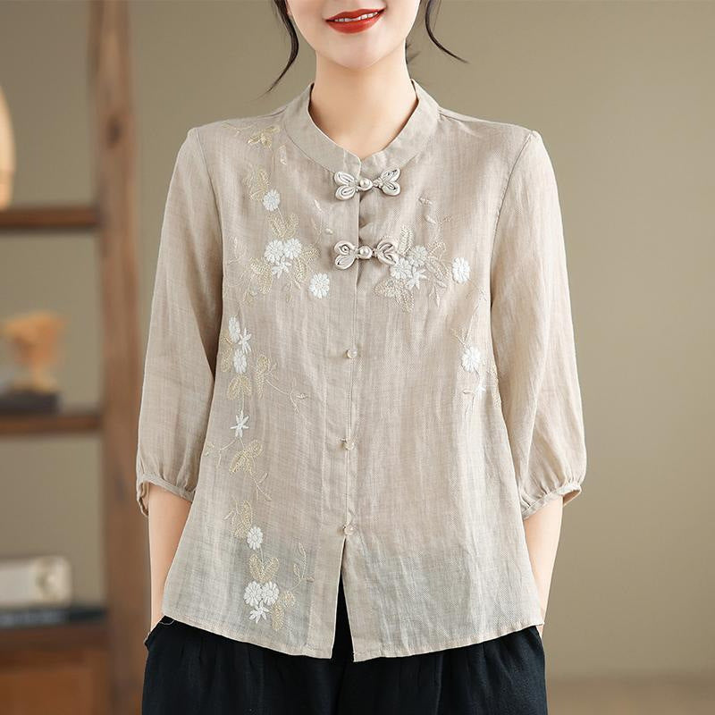 Chinese Button Knots Embroidered Women's Three-quarter Sleeve Cotton And Linen Top