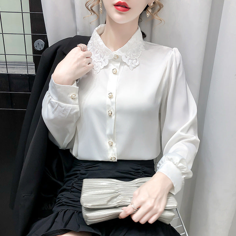 Elegant Lace Collar Button-Up Blouse | Long Sleeve Satin/Silk-Look Shirt Temperament Design Sense Stitching Top Western Style Korean Loose Shirt