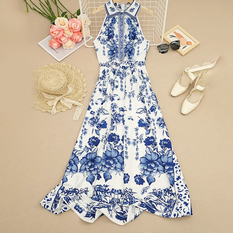 Floral Print Halter Neck Maxi Dress - Tie-Waist A-Line Summer Dress