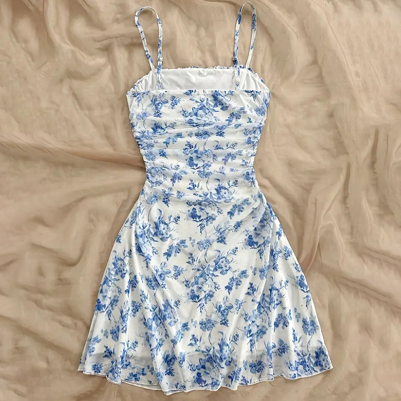 Boho Floral Print Mini Dress Spaghetti Strap Ruched Ruffle Hem Vacation Sundresses