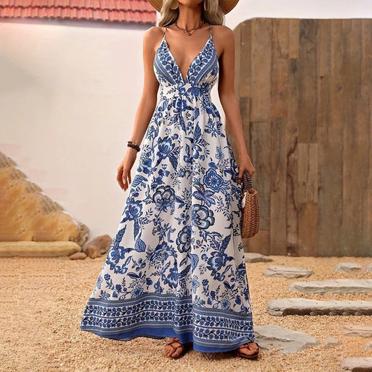 V-Neck Strappy Floral Print Backless Maxi Dress, A-Line Summer Vacation Dress