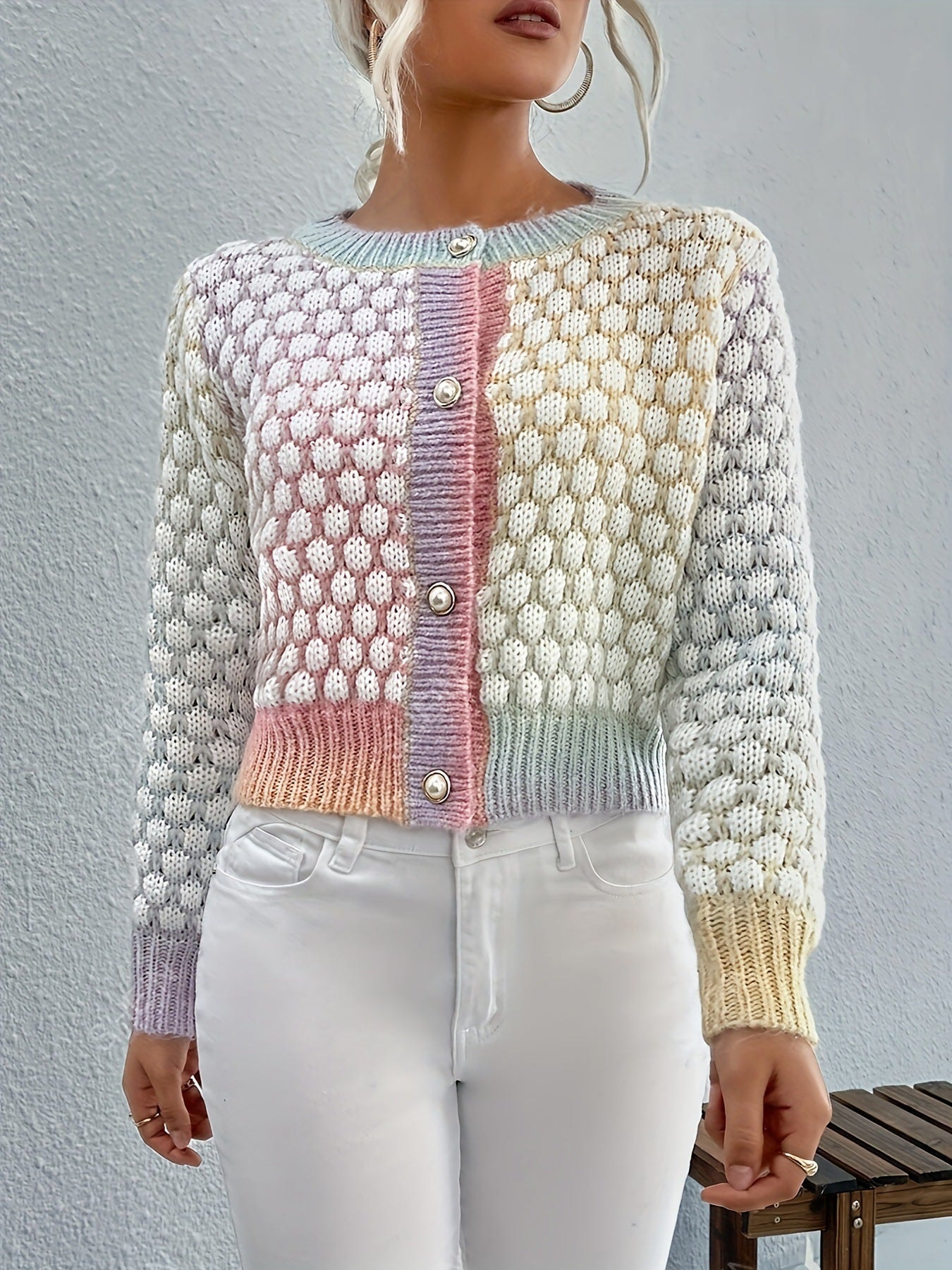 Elegant Gradient Color Round Neck Sweater Top Cardigan