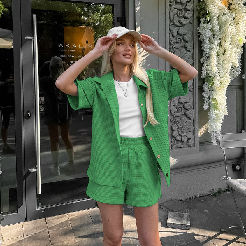 Two Piece Linen-Look Lounge Set | Short Sleeve Top & High Waist Shorts Fashion Lady Waffle Loose Outfit