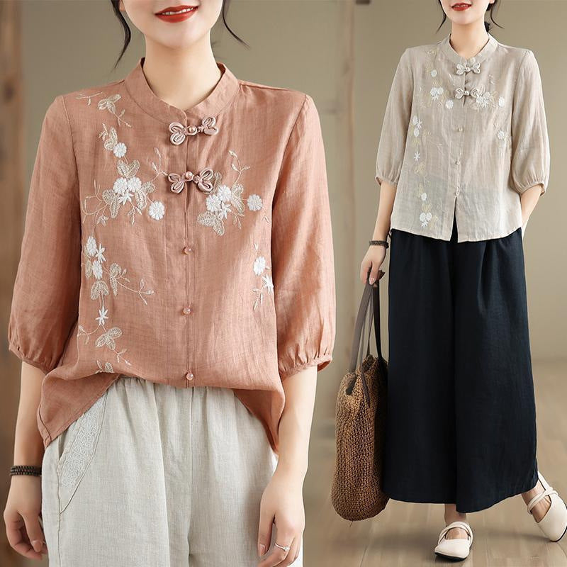 Chinese Button Knots Embroidered Women's Three-quarter Sleeve Cotton And Linen Top