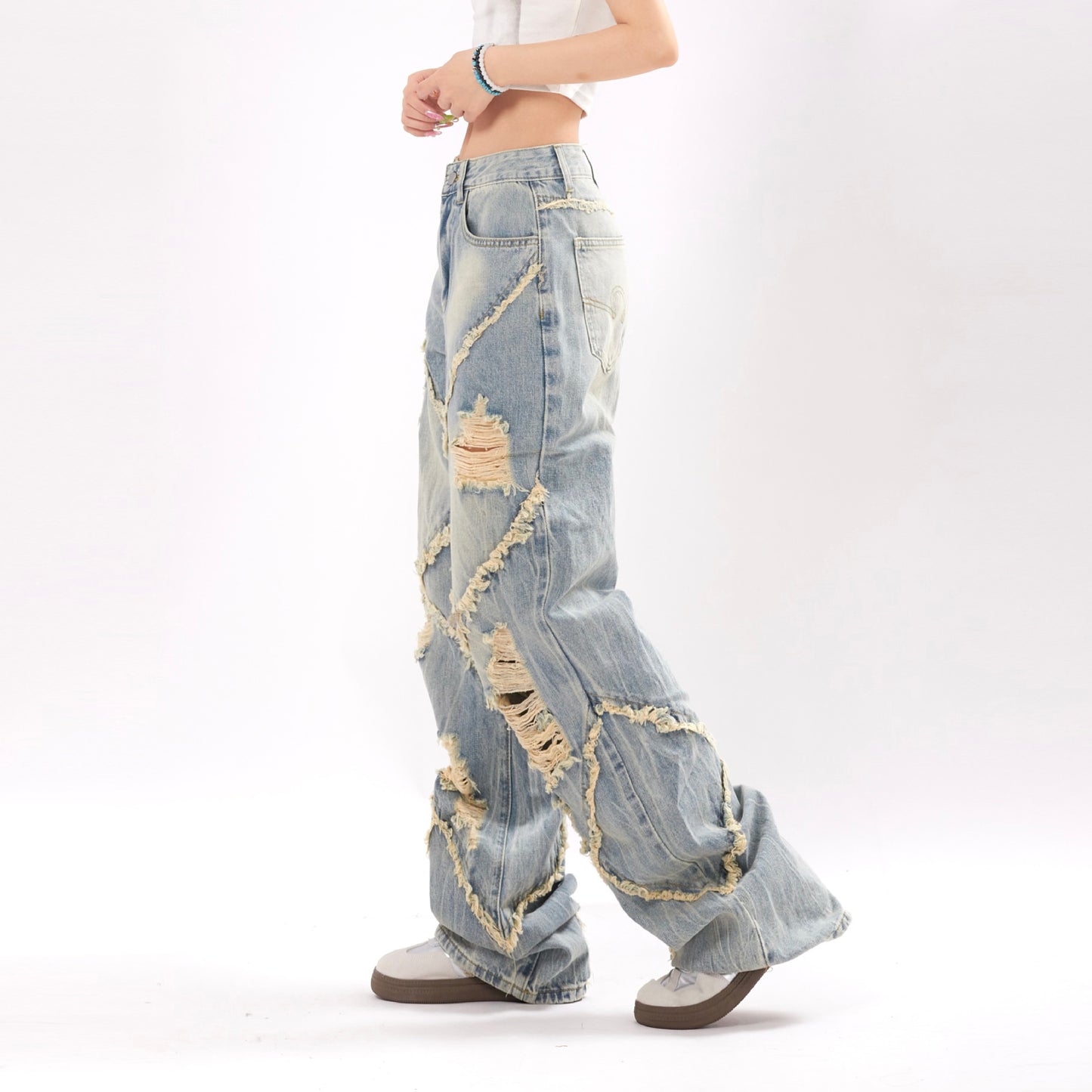 Distressed Patchwork Baggy Jeans – Vintage Y2K Grunge Denim Ripped Stitching Jeans For Men And Women
