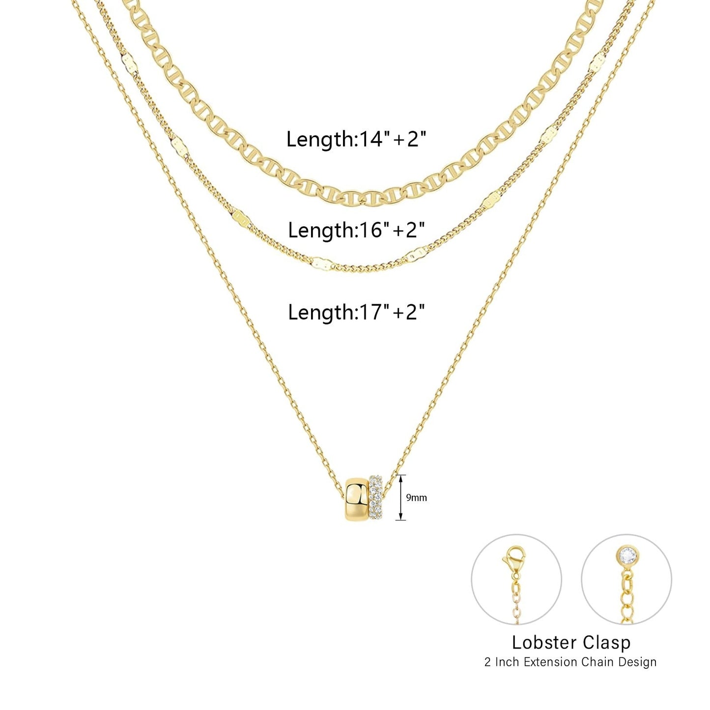 3-Piece Layered Gold Chain Necklace Set – Minimalist Cuban, Rope & Pendant Design Necklace Zircon-laid Necklace For Women's