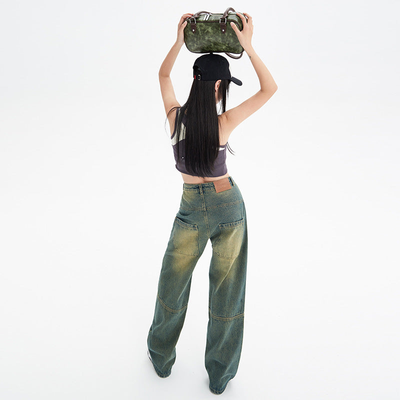 Baggy Cargo Jeans – Washed Vintage Green, Wide Leg Fit Fashion American Stitching Jeans For Women