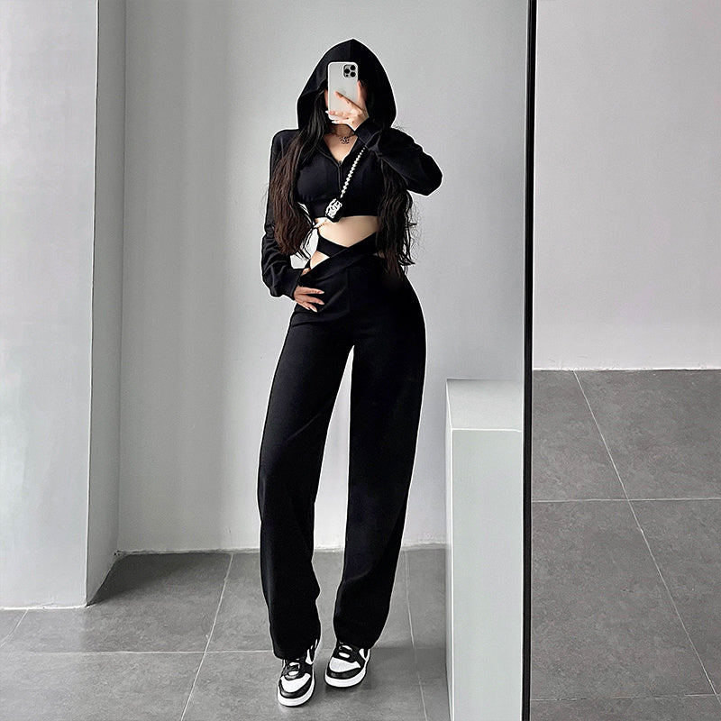 Chic Cropped Zip-Up Hoodie & Wide-Leg Sweatpants Set Trendy Hooded Long Sleeve Crop Crop Sweatshirt