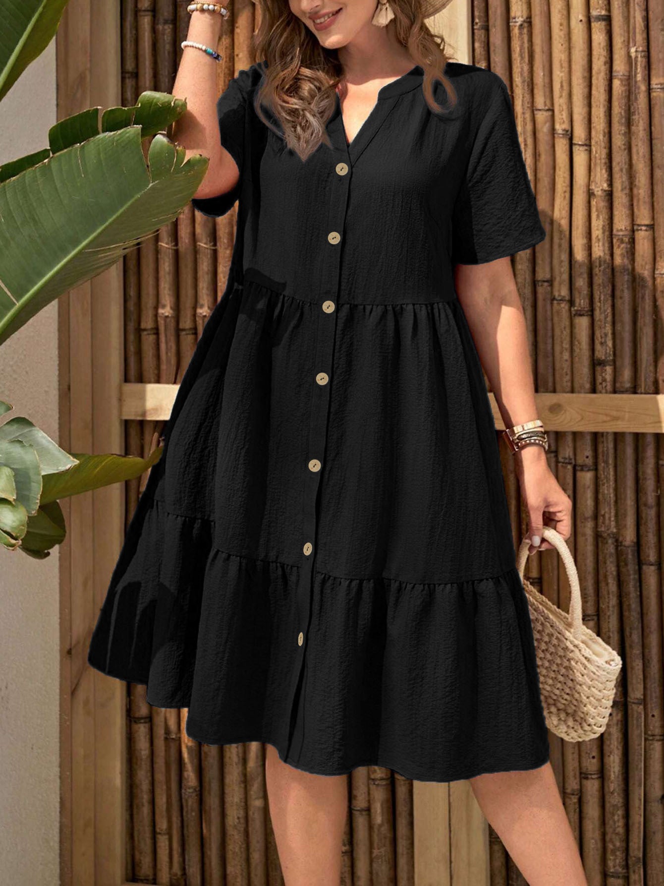 Plus Size Buttoned Dress - Summer Casual V-Neck Short Sleeve Midi Dress
