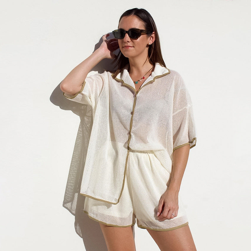 Chic Sheer Oversized Lounge Set - Shirt & Shorts See-through Cardigan Pajamas Two-piece Set For Women
