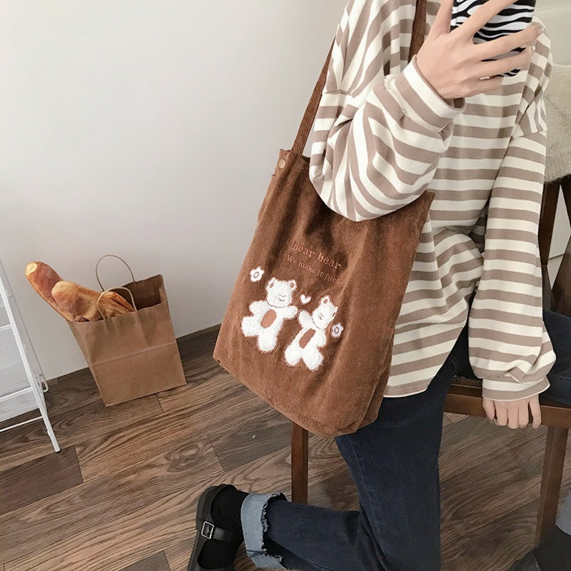 Corduroy Shoulder Bag Lucky Bears Embroidery Striped Canvas Handbag Eco Cloth Tote Cute Soft Shopping Bags For Women