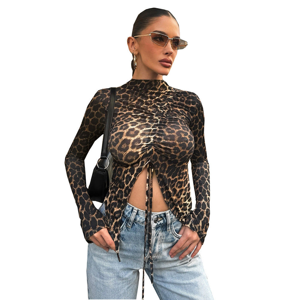 Leopard Print Drawstring Versatile Tight Long Sleeved Top