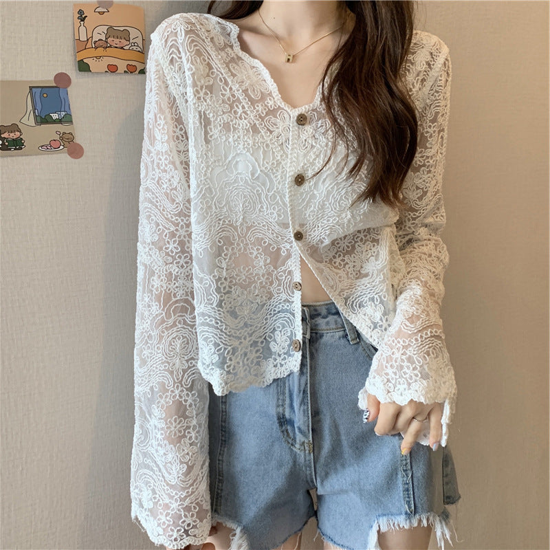 Whisper Lace Sheer Cardigan – Romantic Meets Modern Summer New Korean Loose Top Trend