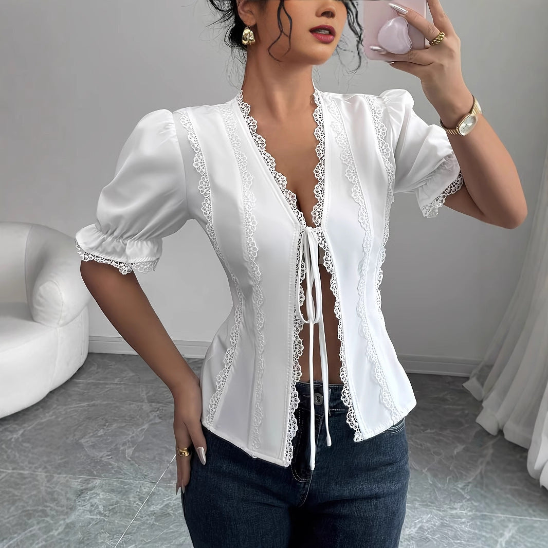 Casual Short Sleeved V-neck Lace Up Pleated Patchwork Solid Color Shirt