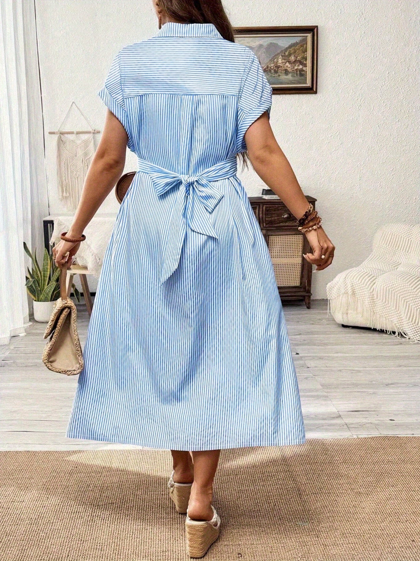 Striped Dress With Cross-Belt - Casual Button-Down Collar Shirtdress, Long Length