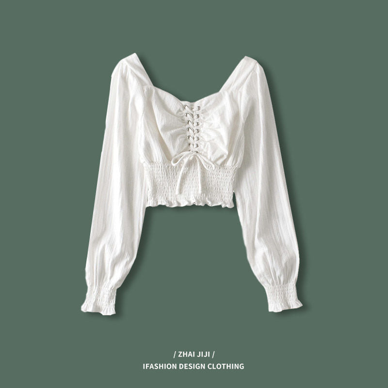 French Style Retro Square Collar Off-shoulder Top Tied Long Sleeves Court Style Puff Sleeve Shirt