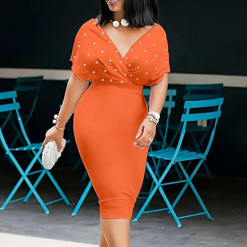 Elegant Deep V Neck Wrap Bodycon Dress Back Zipper Pencil Midi Dress