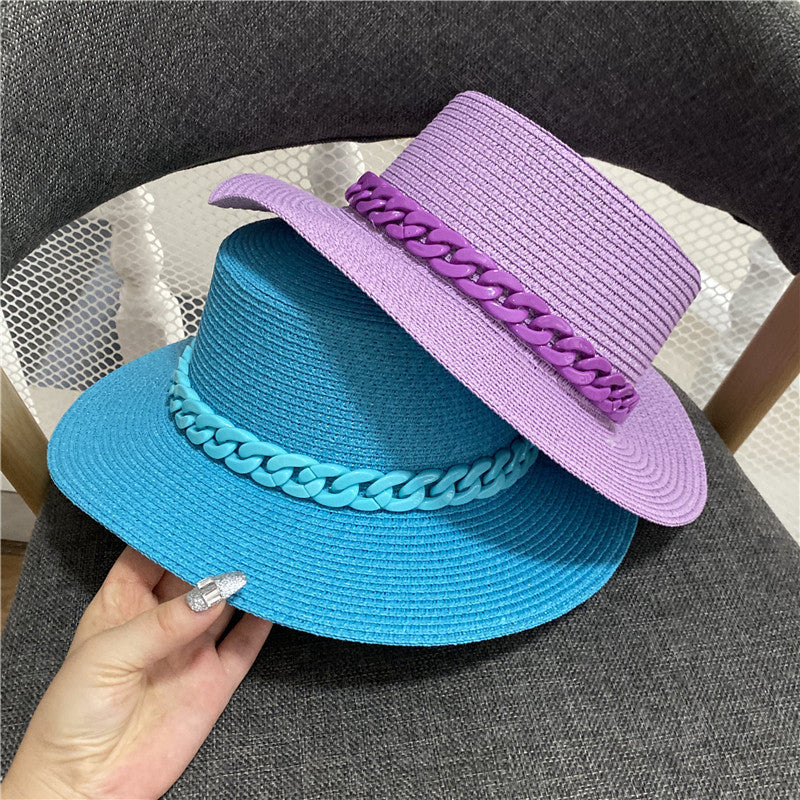 Trendy Summer Beach Hat with Braided Chain Korean Fashion Color Chain With Top Hat