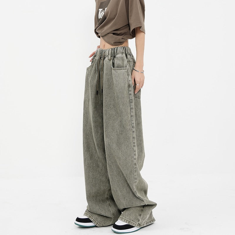 Retro Worn Looking Washed-out Drawstring Jeans For Women