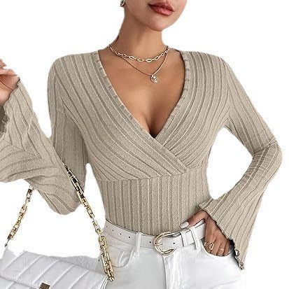 Autumn And Winter Rib Sunken Stripe V-neck Flared Slim-fit Long Sleeve T-shirt Elegant Women's Top