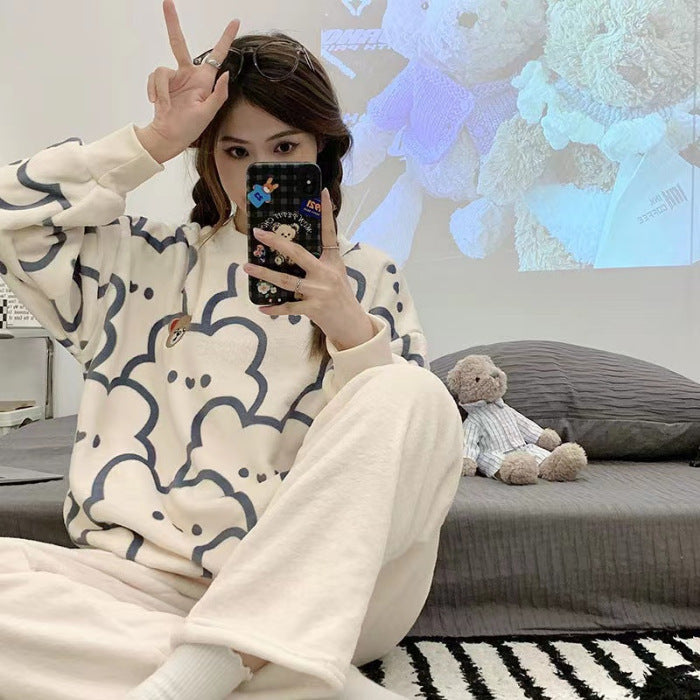 Cozy Bear Print Pajama Set - Soft Fleece Loungewear for Women Foreign Flannel Pajamas Suit Women